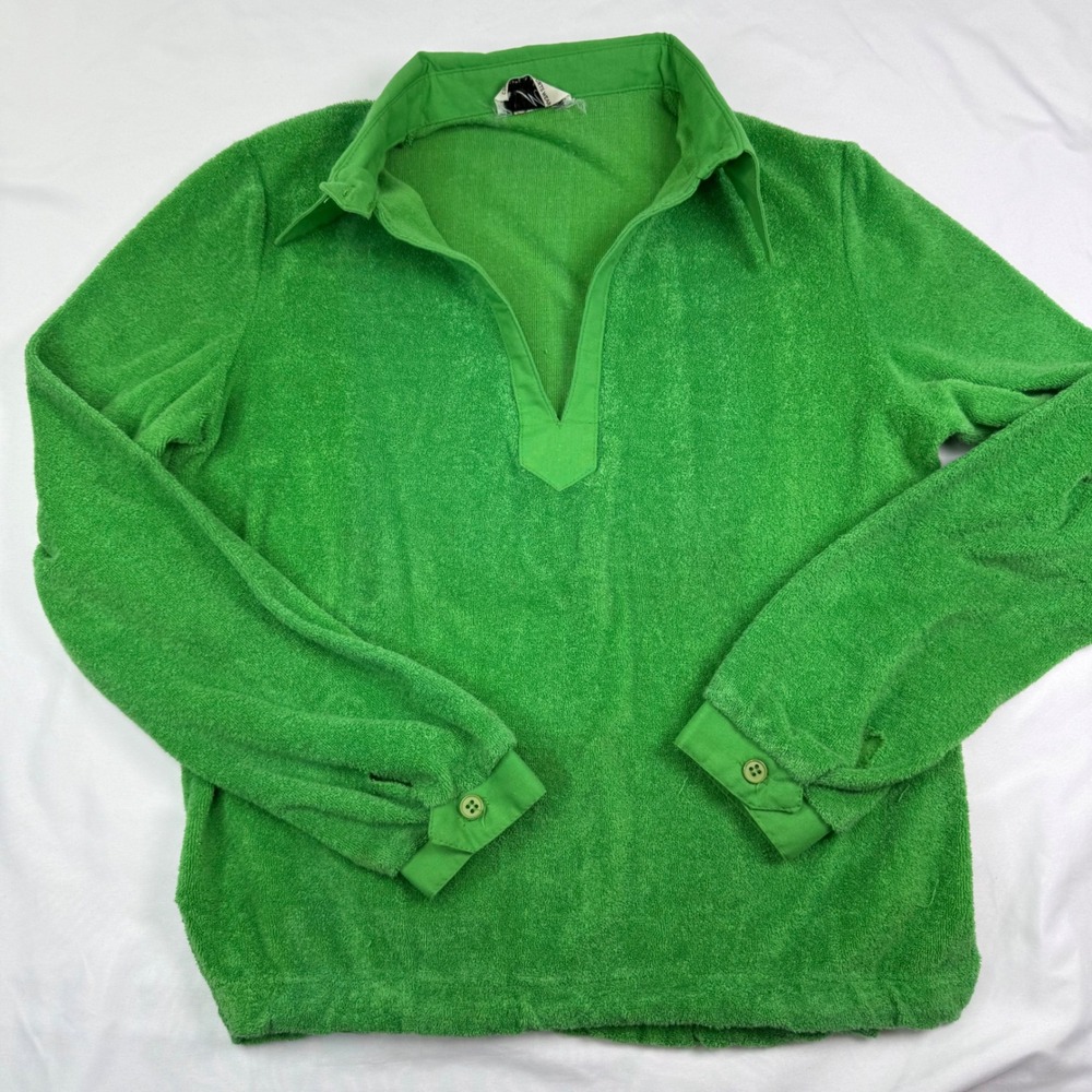 Vintage MJ Concepts in Sportswear Green Terry Cloth Pullover V-Neck Top Small